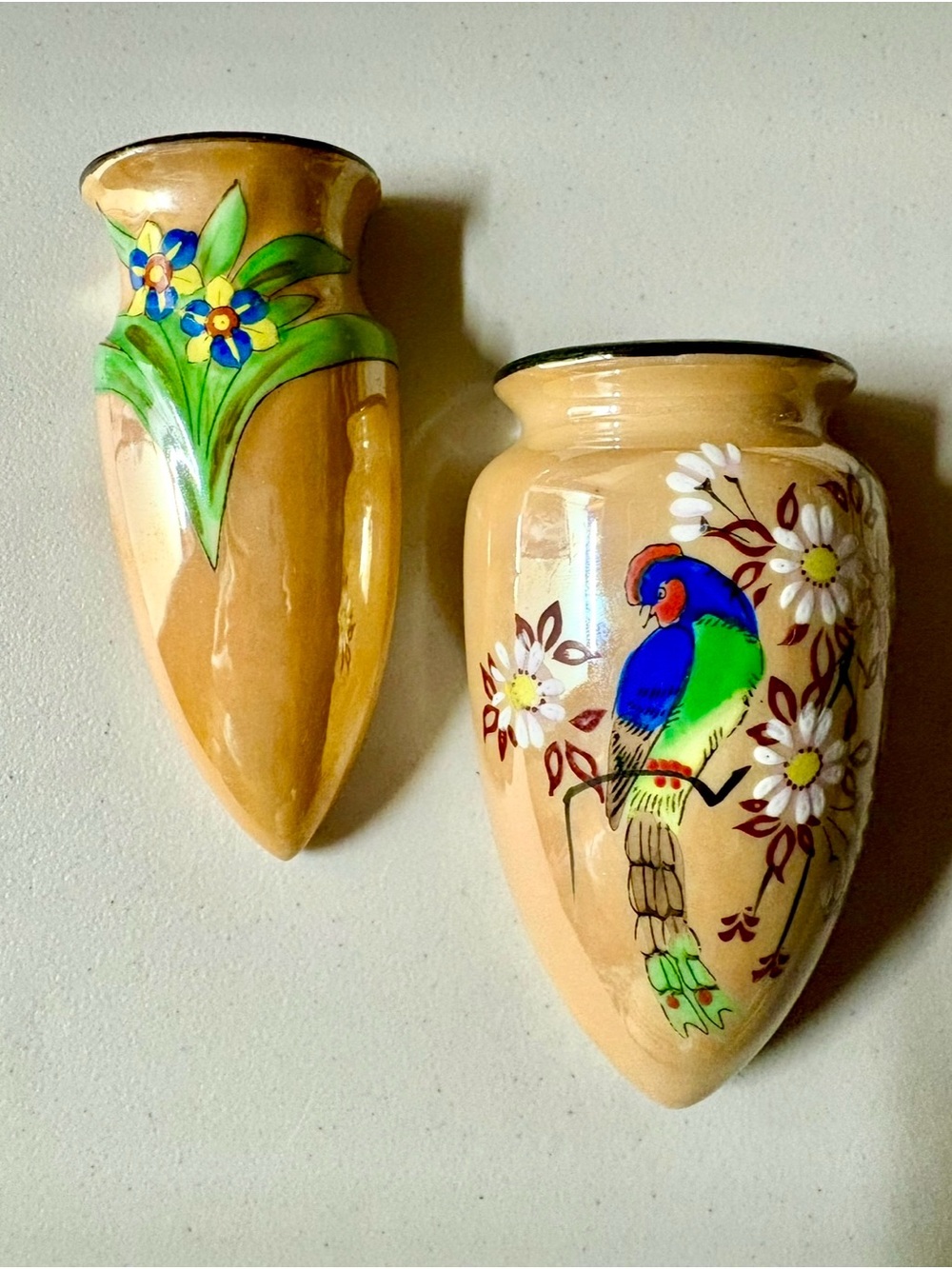 Vintage Oriental Wall Pocket Hanging Planter Vase Japan Hand Painted Lusterware